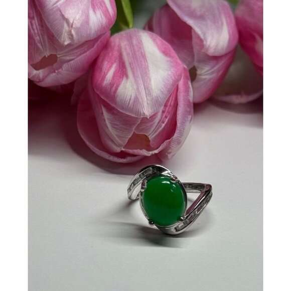 D'Joy 925 STERLING SILVER GREEN NEPHRITE & WHITE BERYL RING SIZE 6.5 - Picture 6 of 9